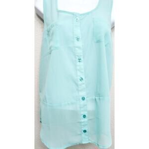 Mine Teal Sleeveless Button Up Top Small Lightweight Sheer Hem Breast Pockets